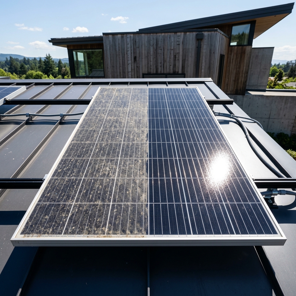 Half clean and half dirty solar panel illustrating solar soiling loss