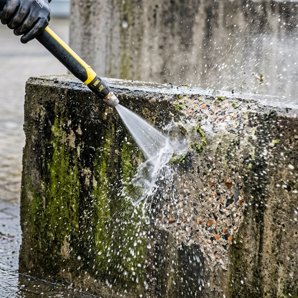Close-up detail of pressure washing nozzle removing green algae