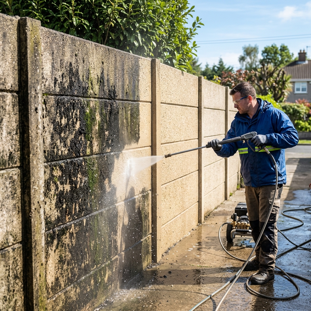 High pressure washer cleaning black mold off precast wall