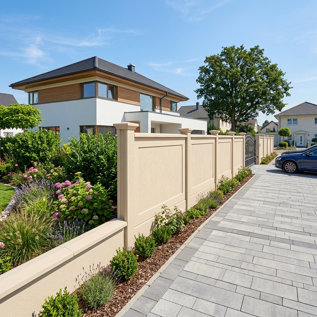 Fully cleaned and restored sand-coloured precast boundary wall