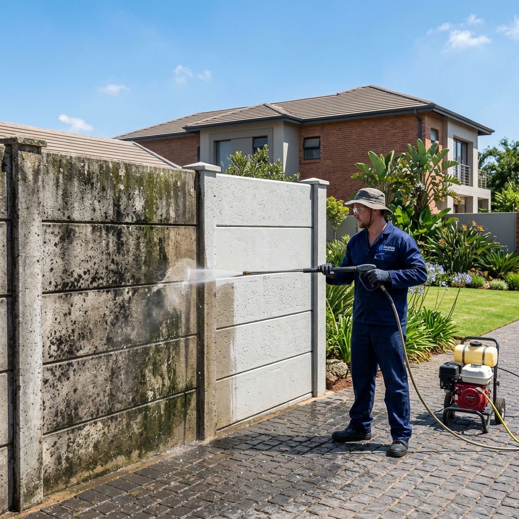Hydro Forced technician pressure washing a mouldy precast boundary wall
