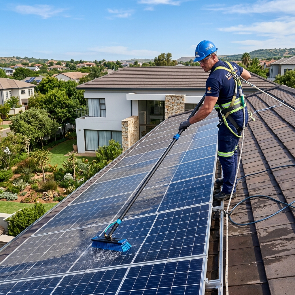 Technician cleaning solar panel array on a house roof